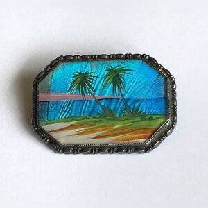 Circa 1920-30s Thomas L Mott Hand Painted Tropical Scene Sterling Silver Brooch